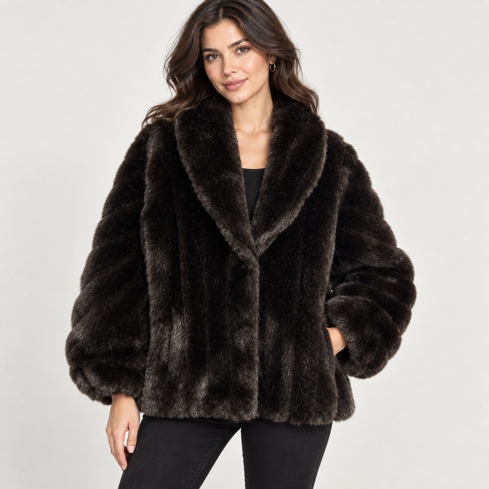 VTG Faux Fur Coat Brown Black Shawl Collar Mob Wife Monterey Fashions Womens 16